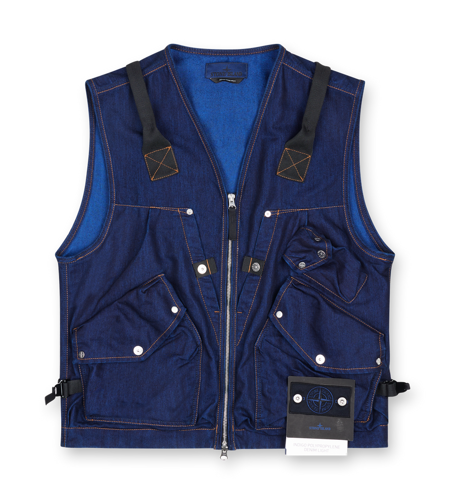 Stone Island Denim Research Utility Vest in Blue Rinse