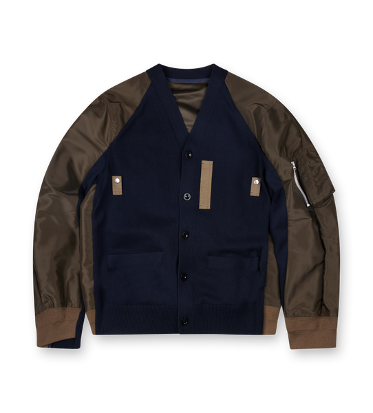 Sacai Nylon Twill x Knit Cardigan in Navy / Dark Khaki – FOUR