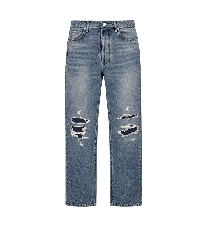 Blue Distressed Straight-Leg Jeans