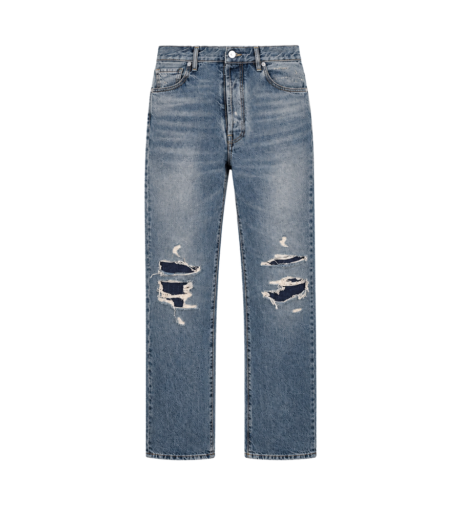 Blue Distressed Straight-Leg Jeans