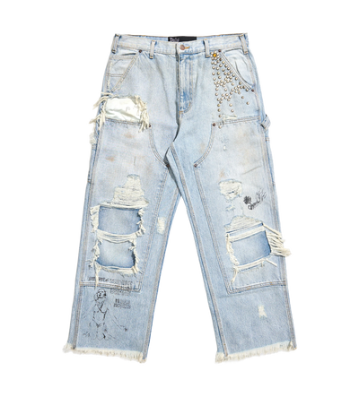 Double Knee Denim Trousers in Blue
