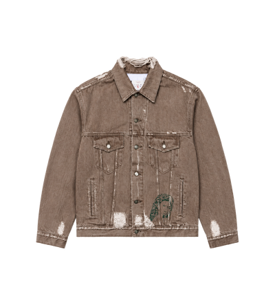 Distressed Graphic-Print Denim Jacket Brown