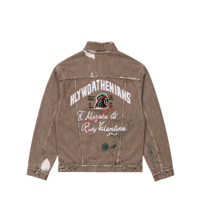 Distressed Graphic-Print Denim Jacket Brown