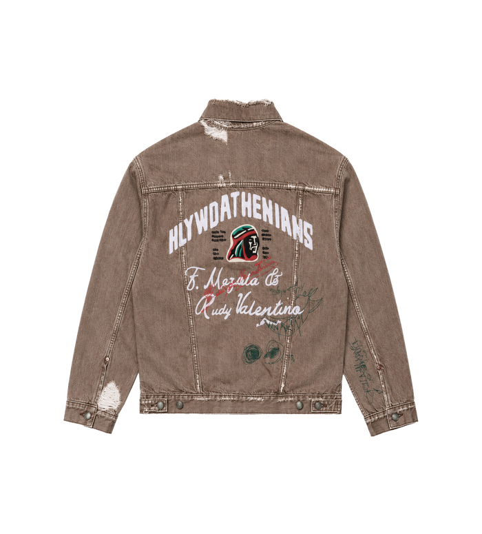 Distressed Graphic-Print Denim Jacket Brown