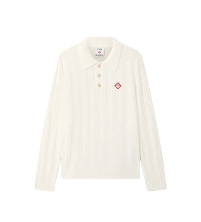Bouclé Long Sleeve Polo Shirt White