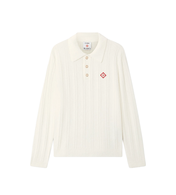 Bouclé Long Sleeve Polo Shirt White
