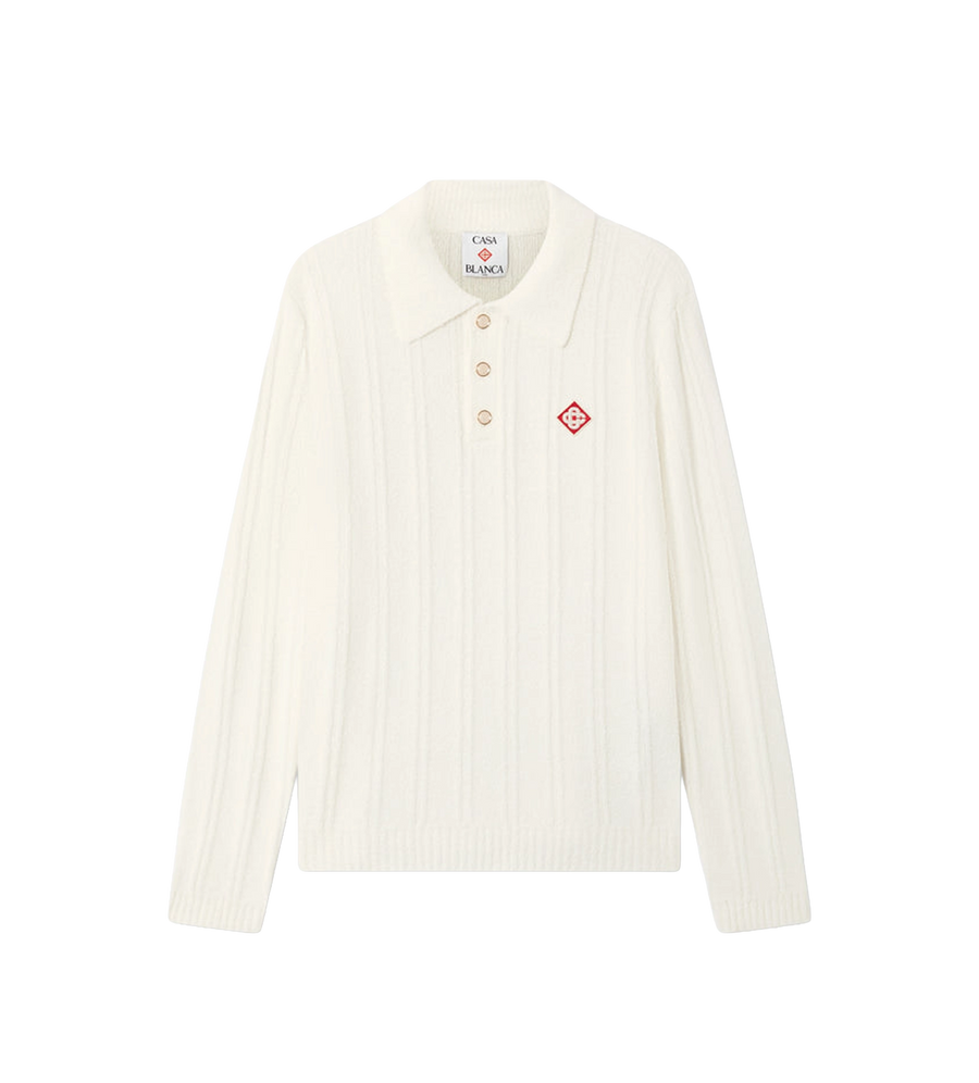 Bouclé Long Sleeve Polo Shirt White