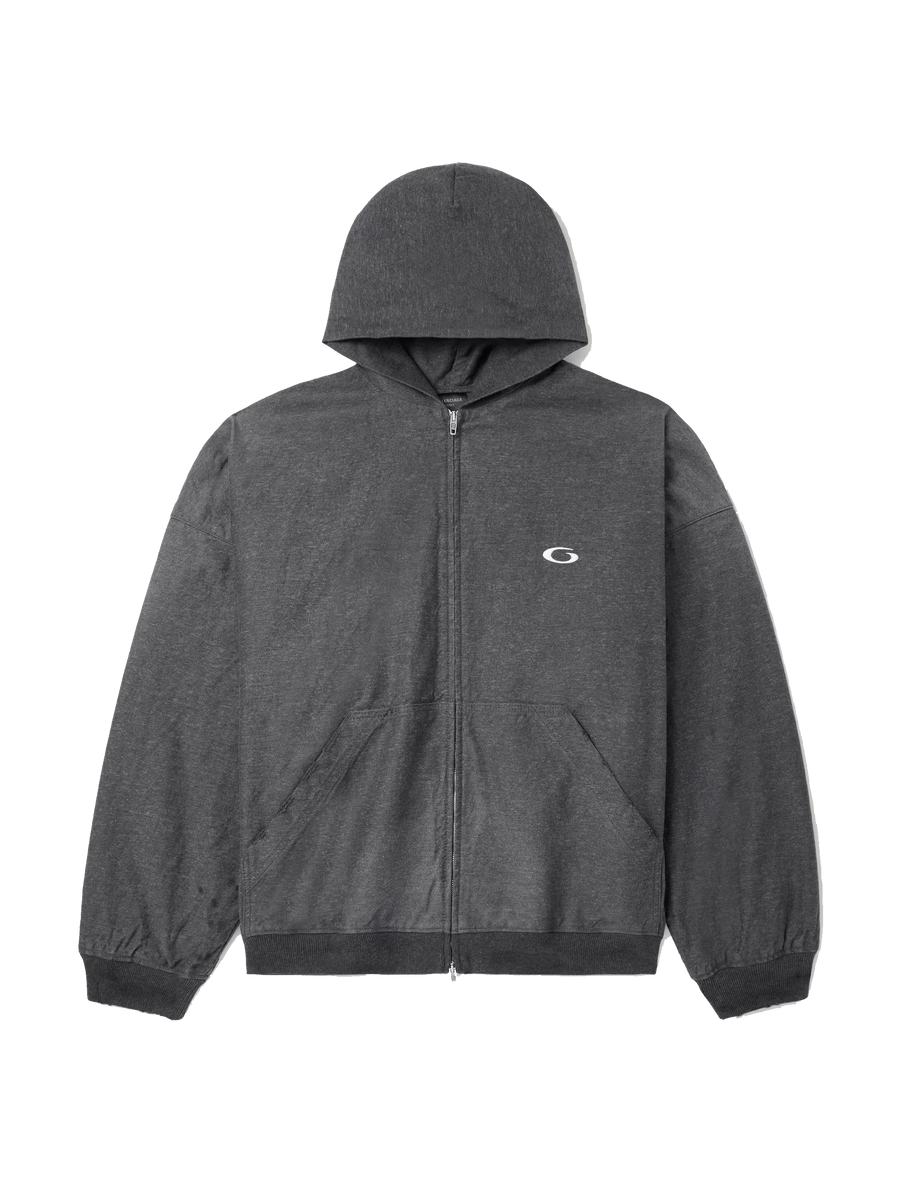 Balenciaga Logo-Embroidered Printed Denim Zip-Up Hoodie in Grey